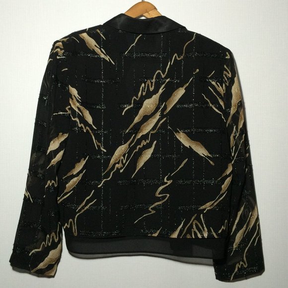 Joseph Ribkoff Womens Open Front Jacket Sz 8 Black Gold Glitter Sheer Sleeve - Picture 2 of 6